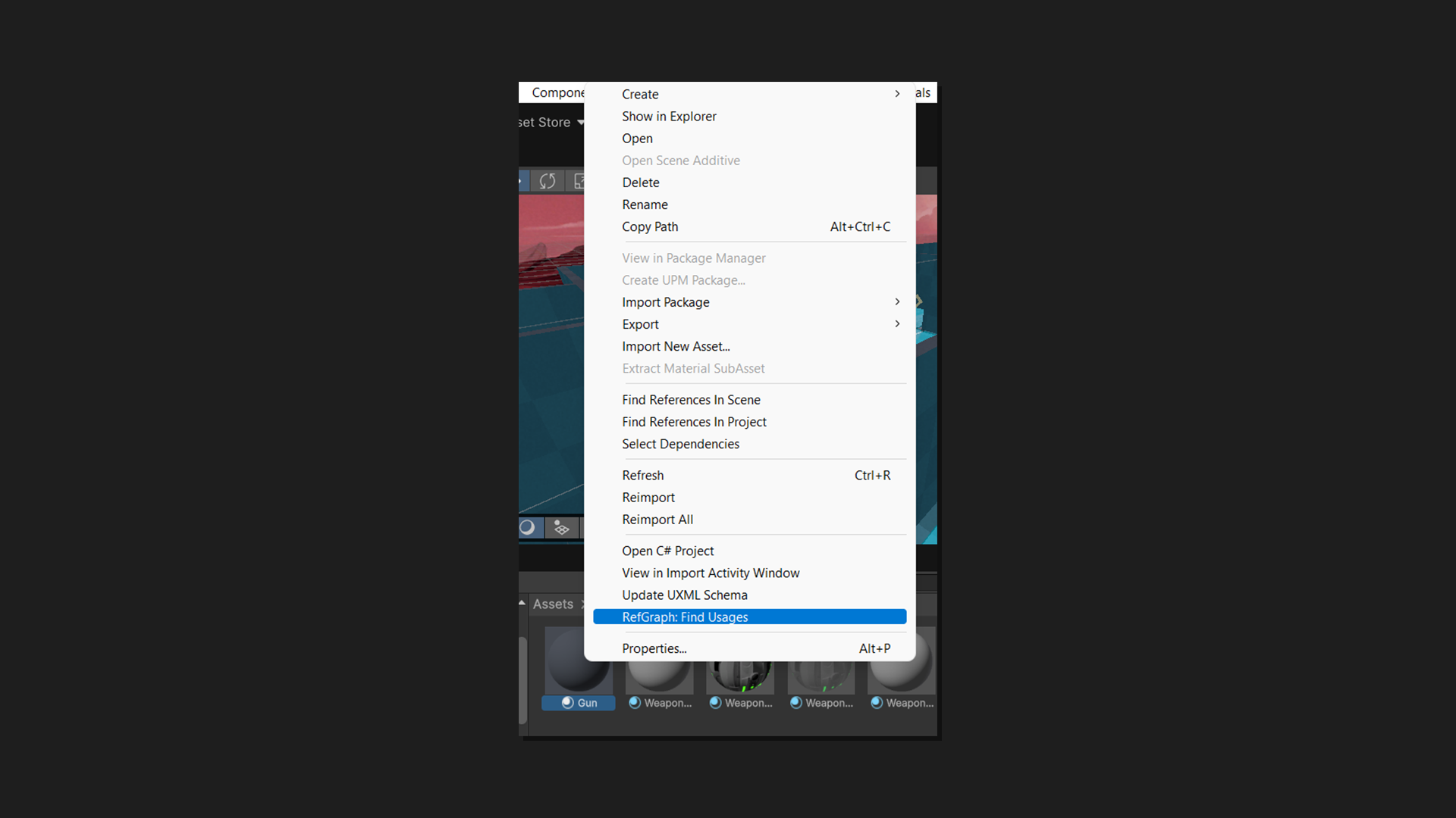 Right-click context menu showing RefGraph: Find Usages