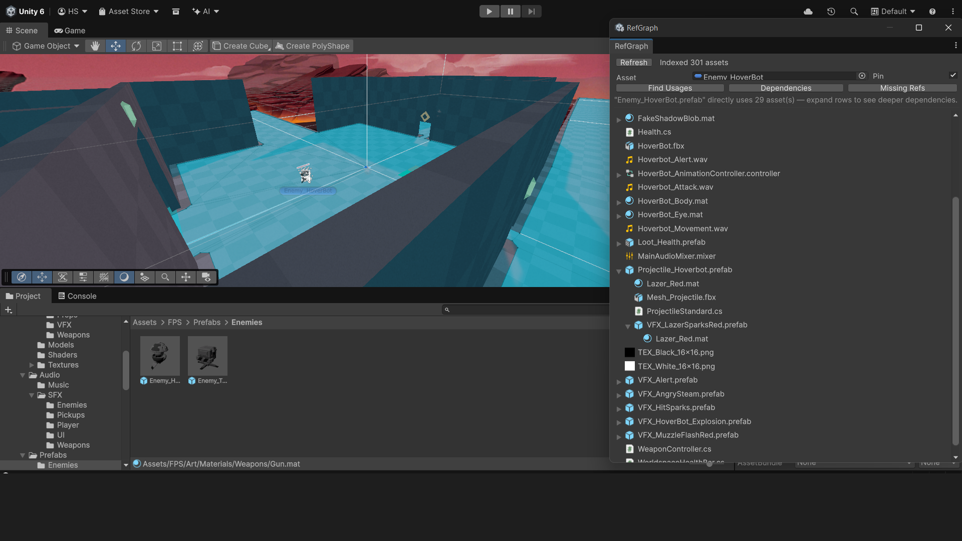 Dependencies tab showing Enemy_HoverBot.prefab with multi-level tree expanded