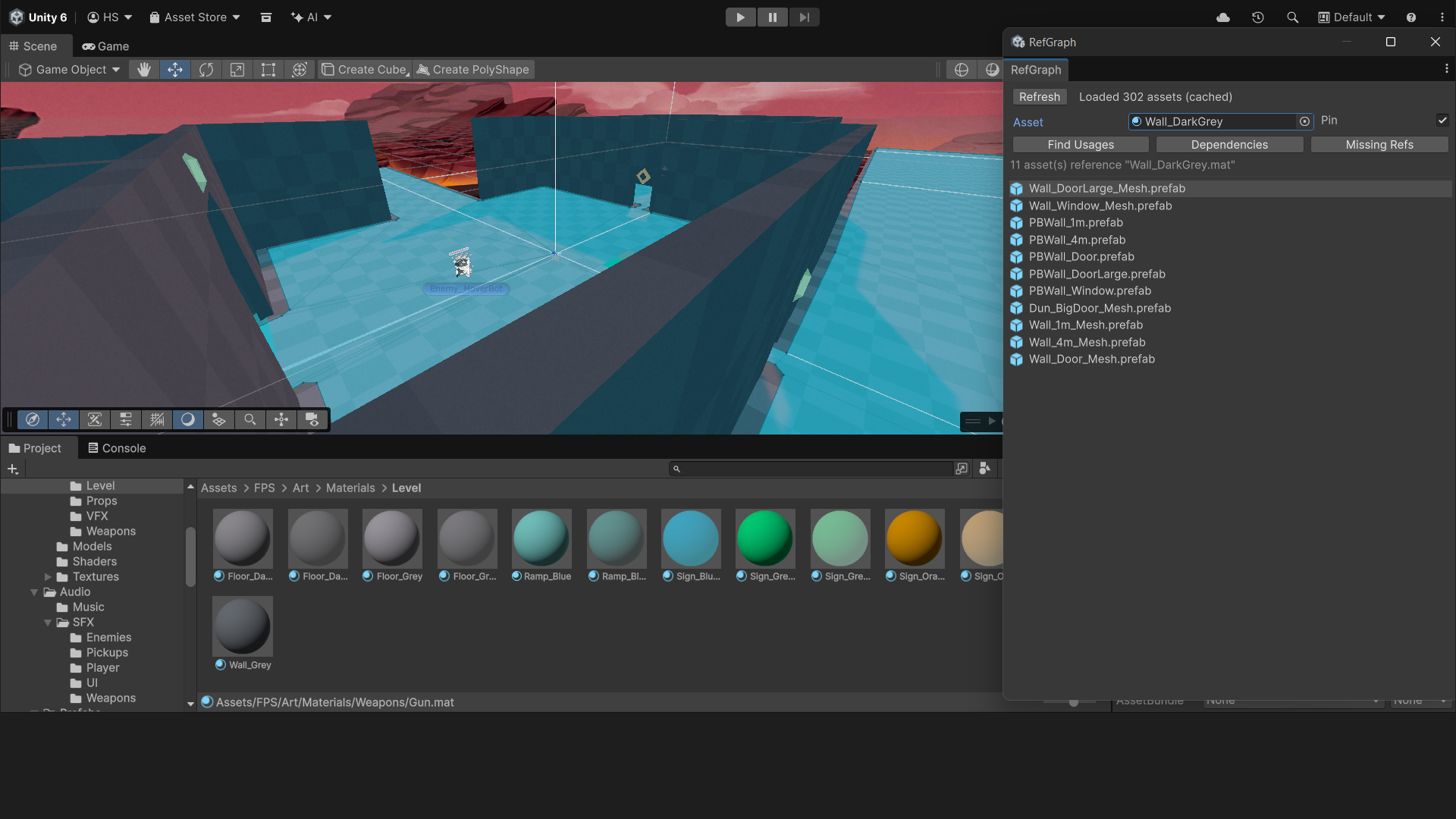 Find Usages tab showing 11 assets referencing Wall_DarkGrey.mat